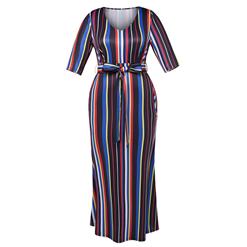 Women's V Neck Half Sleeve Multicolor Stripe Plus Size Maxi Dress N15777