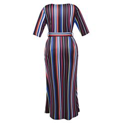 Women's V Neck Half Sleeve Multicolor Stripe Plus Size Maxi Dress N15777