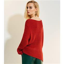 Women's Red Round Neck Flare Sleeve Pullover Loose Sweater N15775