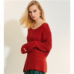Women's Red Round Neck Flare Sleeve Pullover Loose Sweater N15775