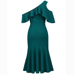 Women's Elegant Half Sleeve One Shoulder Falbala Midi Mermaid Dress N15603