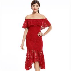 Red Off Shoulder Lace Dress, Asymmetric Mermaid Dress, Red Lace Mermaid Dress, Women's Red Midi Evening Dress, Elegant Lace Ruffles Dress, #N15829