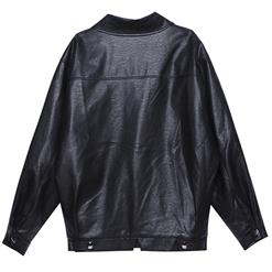 Women's Black Long Sleeve Lapeled Zip Up Faux Leather Coat N15683