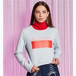 Women's Long Sleeve Turtleneck Letter Print Color Block Pullover Tops N15716