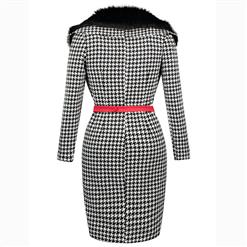Women's Long Sleeve Faux Fur Collar Double-Breasted Houndstooth Print Dress N15806