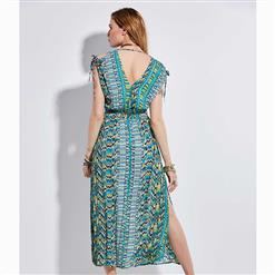 Women's Vintage Geometric Print Sleeveless V Neck Slit Maxi Dress N15685