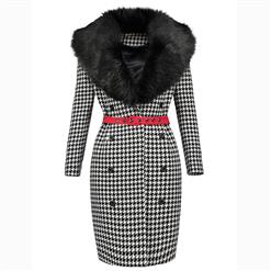 Women's Long Sleeve Faux Fur Collar Double-Breasted Houndstooth Print Dress N15806