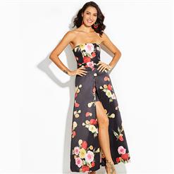 Women's Sleeveless Off Shoulder Floral Print Double-Layered Maxi Dress N15569