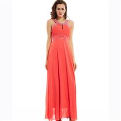 Sleeveless Straps Dress, Beaded Pleats Maxi Dress, Backless Elastic A-Line Dress, Women's Watermelon Red Maxi Evening Dress, Elegant Beaded Chiffon Dress, #N15827