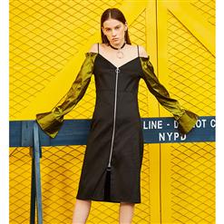 Women's Fashion V Neck Off Shoulder Spaghetti Strap Midi Dress N15680