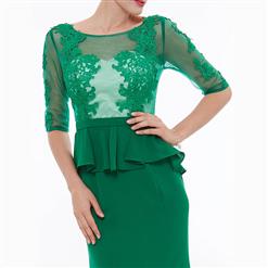 Women's Green Half Sleeve Round Neck Appliques Ruffles Evening Dress N15742