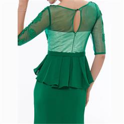 Women's Green Half Sleeve Round Neck Appliques Ruffles Evening Dress N15742