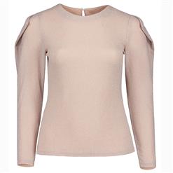 Long Sleeve Tops, Round Collar Tops, Plus Size Tops for Women, Slim Fit Tops, Pleated Tops for Women, Solid Color Tops, Plain Tops for Women, Pullover Tops, #N15546