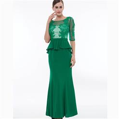 Half Sleeve Round Neck Dress, Green Appliques Dress, Ruffles Maxi Dress, Green Sheath Long Dress, Women's Green Maxi Evening Dress, Sheath Mermaid Maxi Dress, #N15742