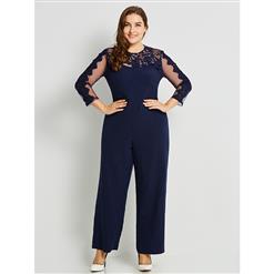 Women's Sexy Blue Round Neck Long Sleeve See-Through Mesh Plus Size Jumpsuit N15771