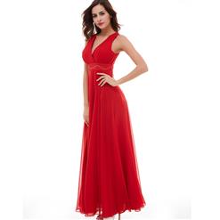 Women's Red Sleeveless V Neck Pleated Beading Prom Evening Gowns N15937