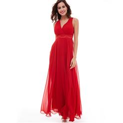 Sleeveless V Neck A-Line Dress, Red Pleated A-Line Dress, Women's Red Chiffon Maxi Evening Gowns, Pleated Beaded Long Dress, Sexy Red Long Prom Dress, #N15937