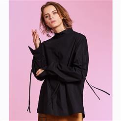 Women's Casual Black Long Sleeve Stand Collar Strappy Blouse N15671