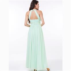 Women's Sleeveless Halter Pearl Beaded Ruched Bridesmaid Prom Evening Gowns N15824