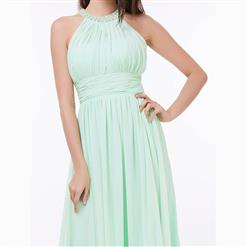 Women's Sleeveless Halter Pearl Beaded Ruched Bridesmaid Prom Evening Gowns N15824