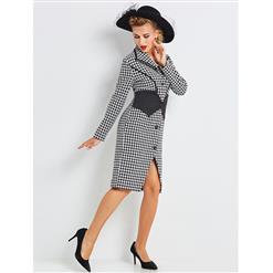 Women's Vintage Long Sleeve Lapel Single-Breasted Houndstooth Bodycon Dress N15428