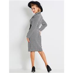Women's Vintage Long Sleeve Lapel Single-Breasted Houndstooth Bodycon Dress N15428
