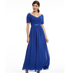 Women's Blue Short Sleeve V Neck Ruffle Draped Prom Evening Gowns N15961