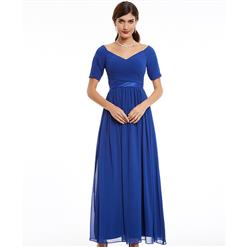 Women's Blue Short Sleeve V Neck Ruffle Draped Prom Evening Gowns N15961