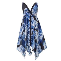 Women's Blue Deep V Sleeveless Floral Print Asymmetric Plus Size Dress N15800