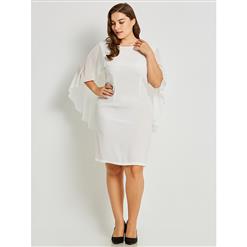 Women's White Round Neck Chiffon Batwing Sleeve Plus Size Bodycon Dress N15801