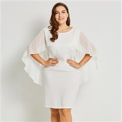 Batwing Sleeve Bodycon Dress, Round Neck Bodycon Dress, White Plus Size Dress, Bodycon Dress for Women, White Chiffon Bodycon Dress, Plus Size Dresses for Women, #N15801