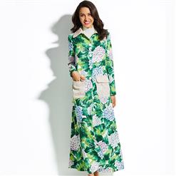 Women's Long Sleeve Polo Neck Single-Breasted Floral Print Coat Dress N15555