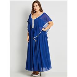 Women's Blue V Neck Batwing Sleeve Backless Plus Size Maxi Dress N15799