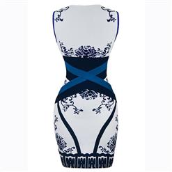Women's Elegant Sleeveless V Neck Porcelain Print Bodycon Bandage Dress N15629