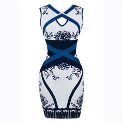 Women's Elegant Sleeveless V Neck Porcelain Print Bodycon Bandage Dress N15629