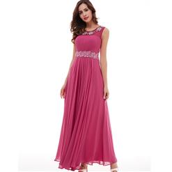 Sleeveless Round Neck Dress, Beaded Appliques A-Line Dress, Women's Rose Red Chiffon Maxi Evening Gowns, Draped Ruched Long Dress, Rose Red A-Line Long Prom Dress, #N15957