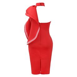 Women's Sexy Red High Neck Sleeveless Backless Ruffled Falbala Bodycon Midi Dress N15936