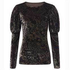 Women's Long Sleeve Round Neck Floral Print Velvet Pullover Tops N15699