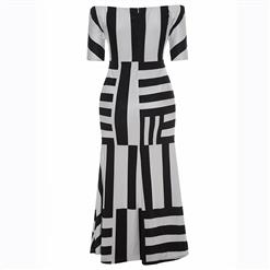 Women's Half Sleeve Off Shoulder Plus Size Irregular Stripe Maxi Dress N15617