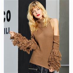 Women's Coffee Heap Sleeve Turtle Neck Tassel Pullover Sweater N15779