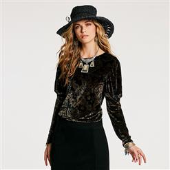 Women's Long Sleeve Round Neck Floral Print Velvet Pullover Tops N15699