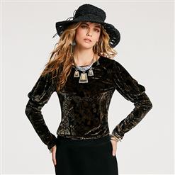 Black Long Sleeve Tops, Floral Print Velvet Tops, Fashion Retro Tops, Casual Pullover Tops for Women, Black Round Neck Tops, Black Velvet Tops, #N15699