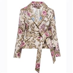 Women's Elegant Floral Print Shawl Collar Long Sleeve Blazer with Self Belt N15565