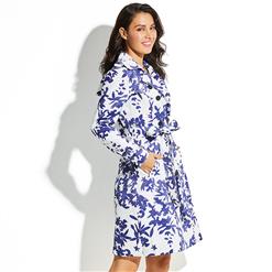 Women's Notched Lapel Double-Breasted Tiles Floral Print Trenchcoat Dress N15446