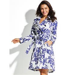 Women's Notched Lapel Double-Breasted Tiles Floral Print Trenchcoat Dress N15446