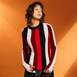 Casual Long Sleeve Sweater, Color Block Stripe Sweater, Round Neck Sweater, Casual Pullover Sweater, Slim Sweater for Women, Plain Casual Sweater, #N15672