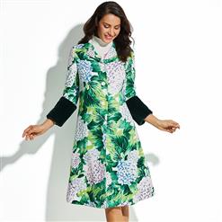 Green Coat for Women, Women's Overcoat, Green Fashion Coat, Women's Casual Coat, Long Sleeve Coat, Plant Print Coat, Women's Coat Dress, #N15445