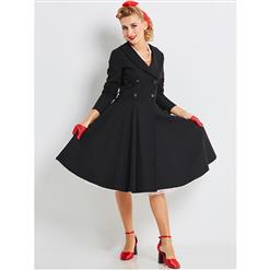 Women's Vintage Long Sleeve Lapel Double Breasted Solid Color Dress N15427