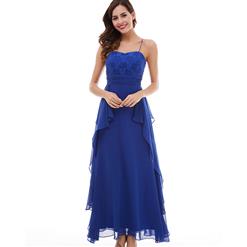 Sleeveless Spaghetti Strap Dress, Blue Sweetheart A-Line Dress, Women's Blue Chiffon Maxi Evening Gowns, Ruffle Falbala Long Dress, Sexy Blue Long Prom Dress, #N15941