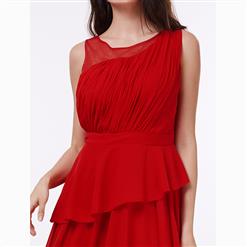 Women's Red Sleeveless Round Neck Pleated Asymmetric Prom Evening Gowns N15865
